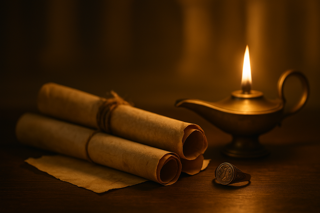 Moody photograph with warm lamplight, old scrolls, and a signet ring evoking ancient Persia; soft devotional atmosphere.
