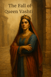 Queen Vashti turning away from King Xerxes’ banquet in ancient Persia, a symbol of dignity and courage.
